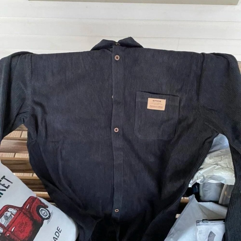 Casual Black Corduroy Men's Solid Shirt - Picture 8 of 9